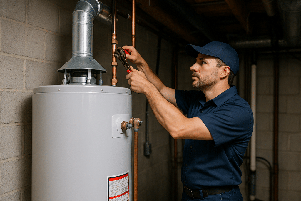 Plumber working on water heater installation near me, provided by HI-DESERT PLUMBING INC in Yucca Valley, CA