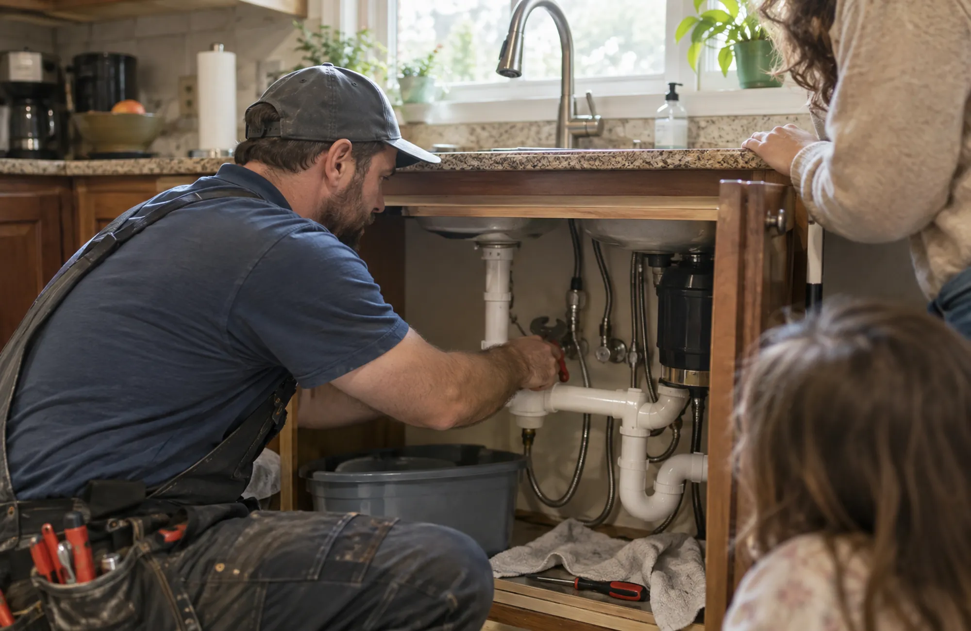 Residential Plumbing in Joshua Tree - CA technician inspecting a kitchen sink drain during a home service visit