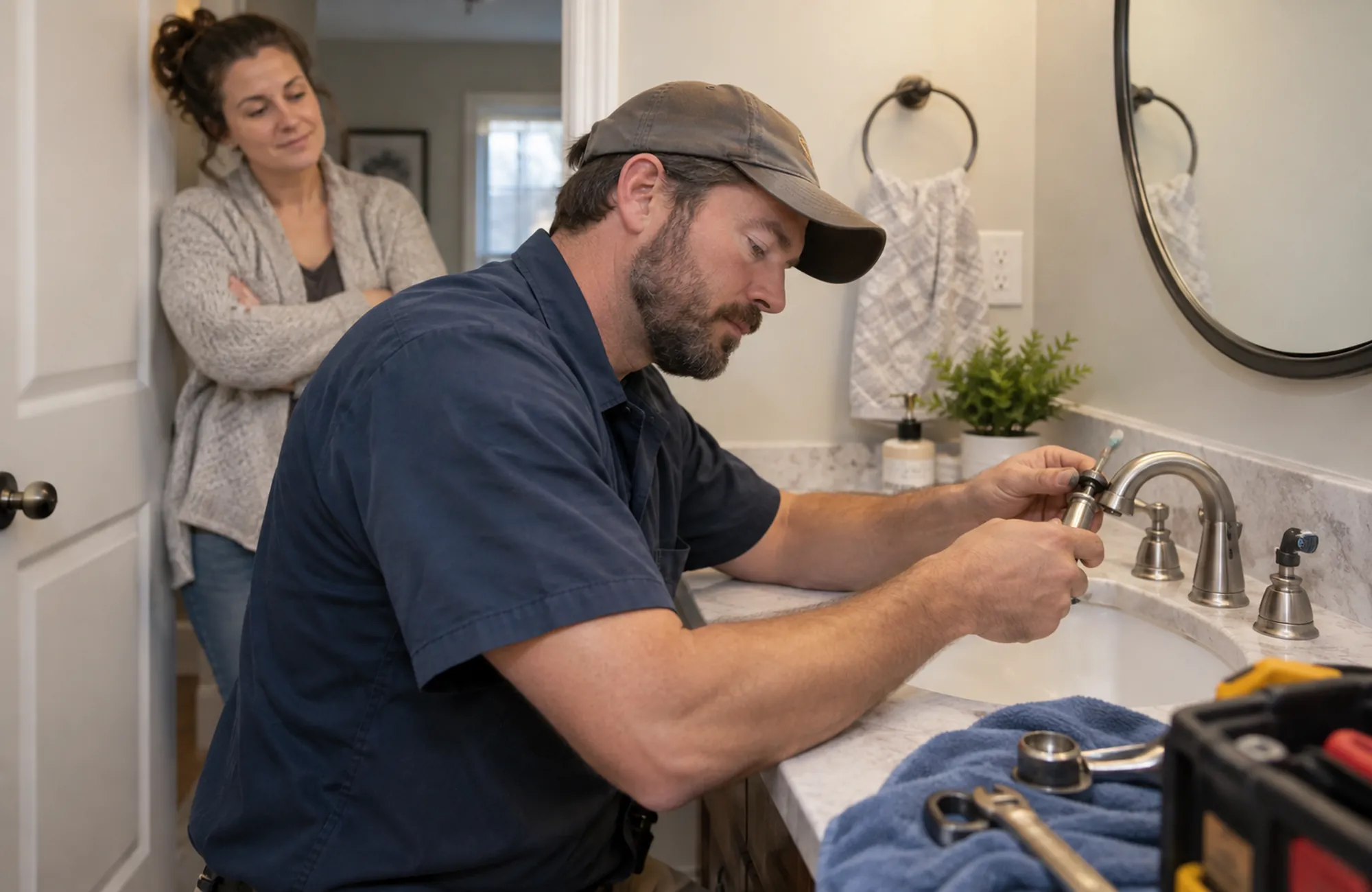 Technician performing residential plumbing diagnostics beneath a bathroom sink in Joshua Tree - CA with hand tools