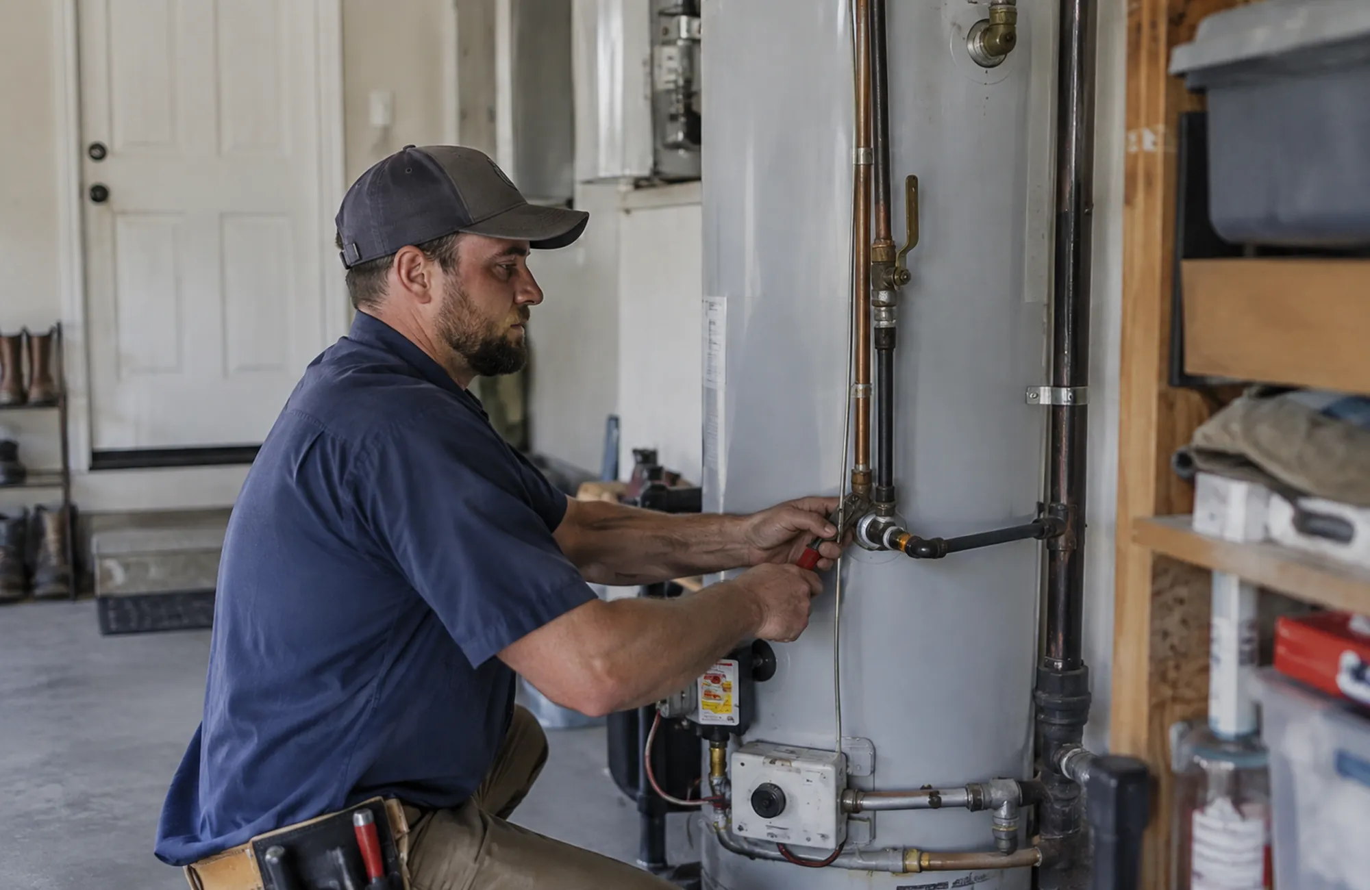 Plumber performing residential plumbing troubleshooting in a Morongo Basin - CA laundry room near exposed water lines