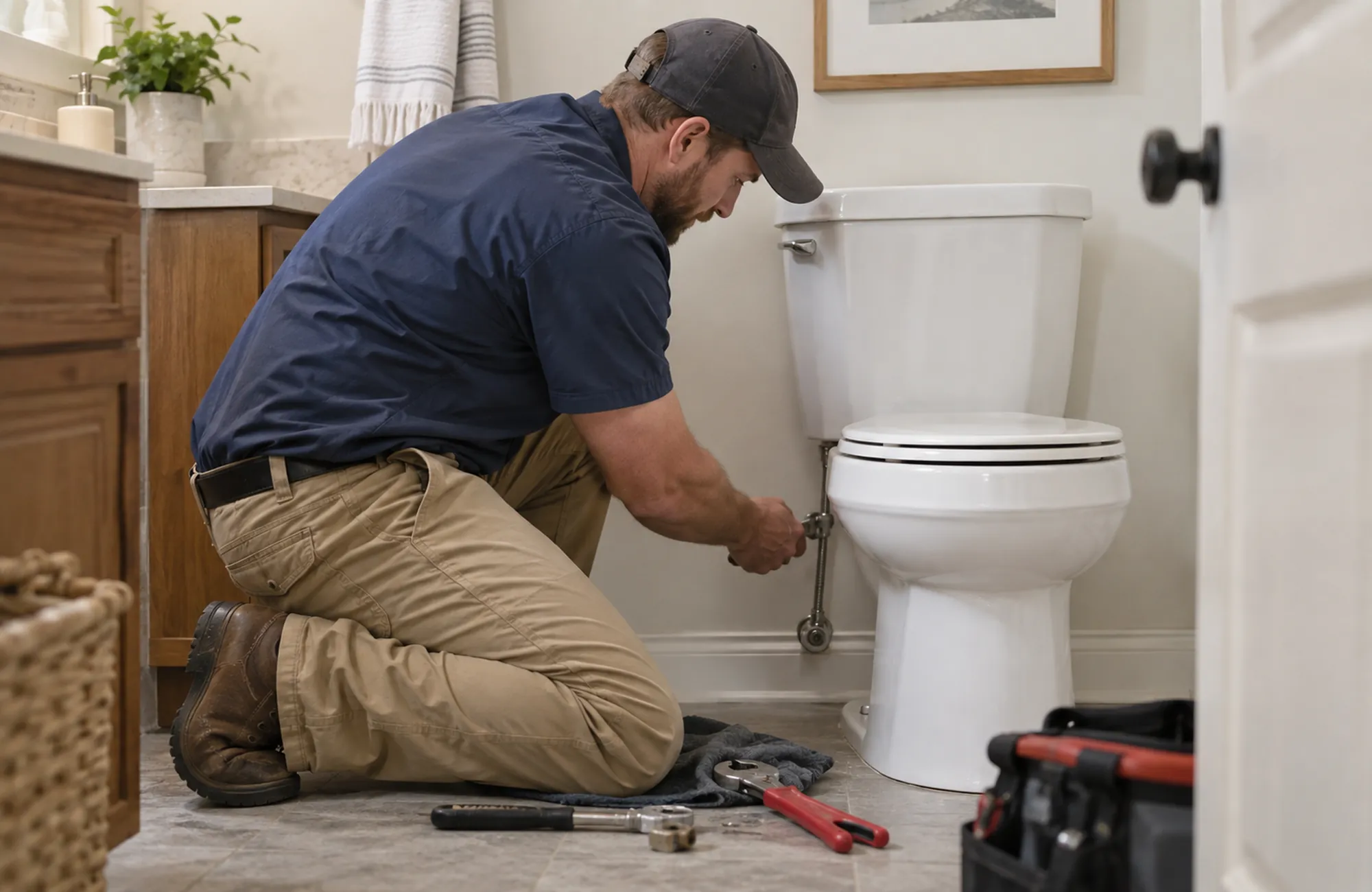 Residential Plumbing in Landers - CA plumber inspecting shutoff valves beneath a kitchen sink
