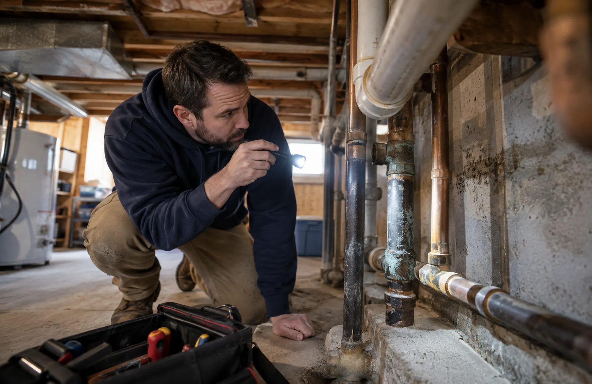 Technician performing residential plumbing diagnostics in a Landers - CA bathroom near exposed supply lines