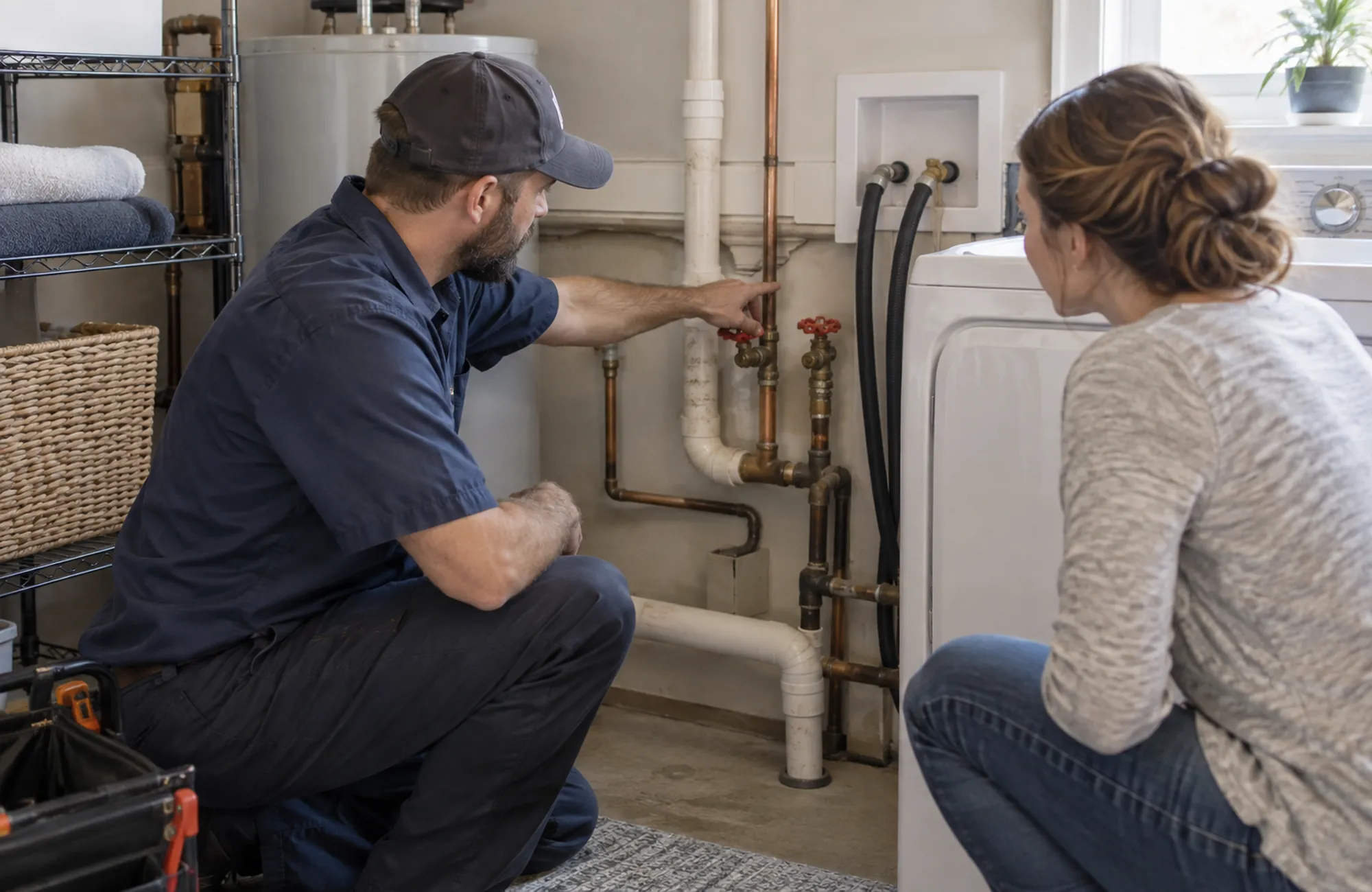 Plumber performing residential plumbing inspection in a Desert Hot Springs - CA laundry room
