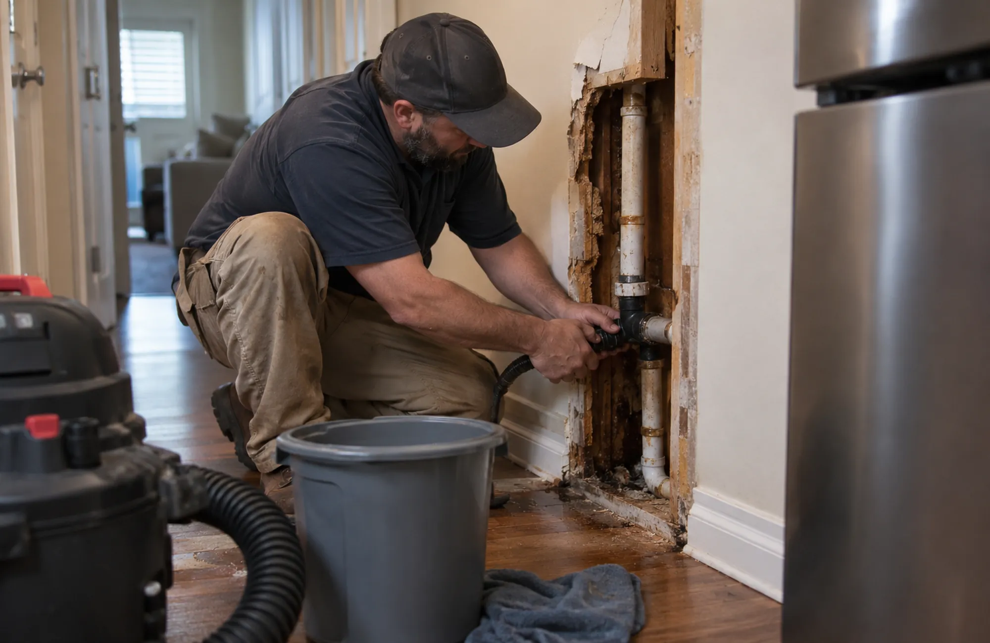 Residential Plumbing in Palm Springs - CA technician repairing valves beneath a kitchen sink