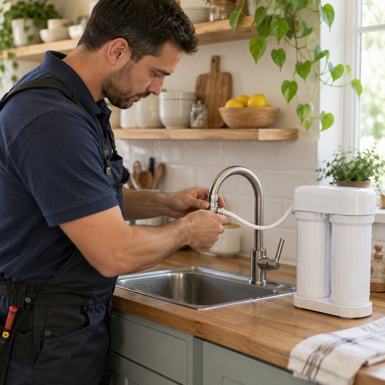 Technician performing Water Filter Installation in Yucca Valley - CA beneath a kitchen sink during a home upgrade, Plumber completing Water Filter Installation in Desert Hot Springs - CA beneath a kitchen counter