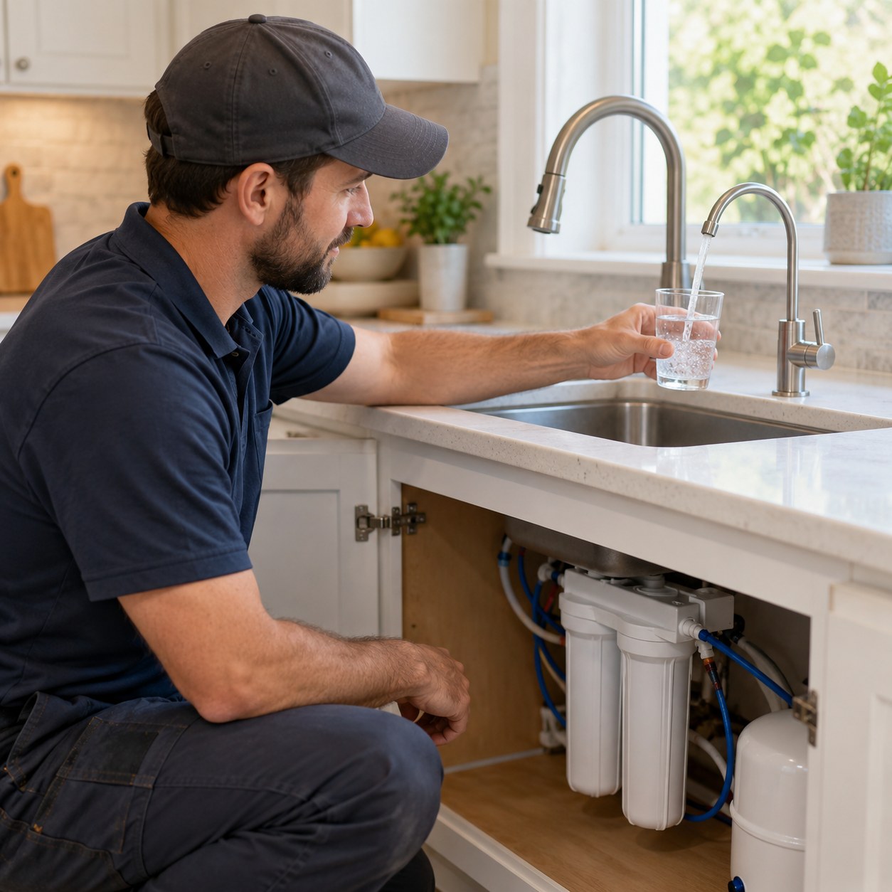 Technician completing Water Filter Installation in Twentynine Palms - CA beneath a kitchen sink cabinet, Technician performing Water Filter Installation in Palm Springs - CA under a modern kitchen sink
