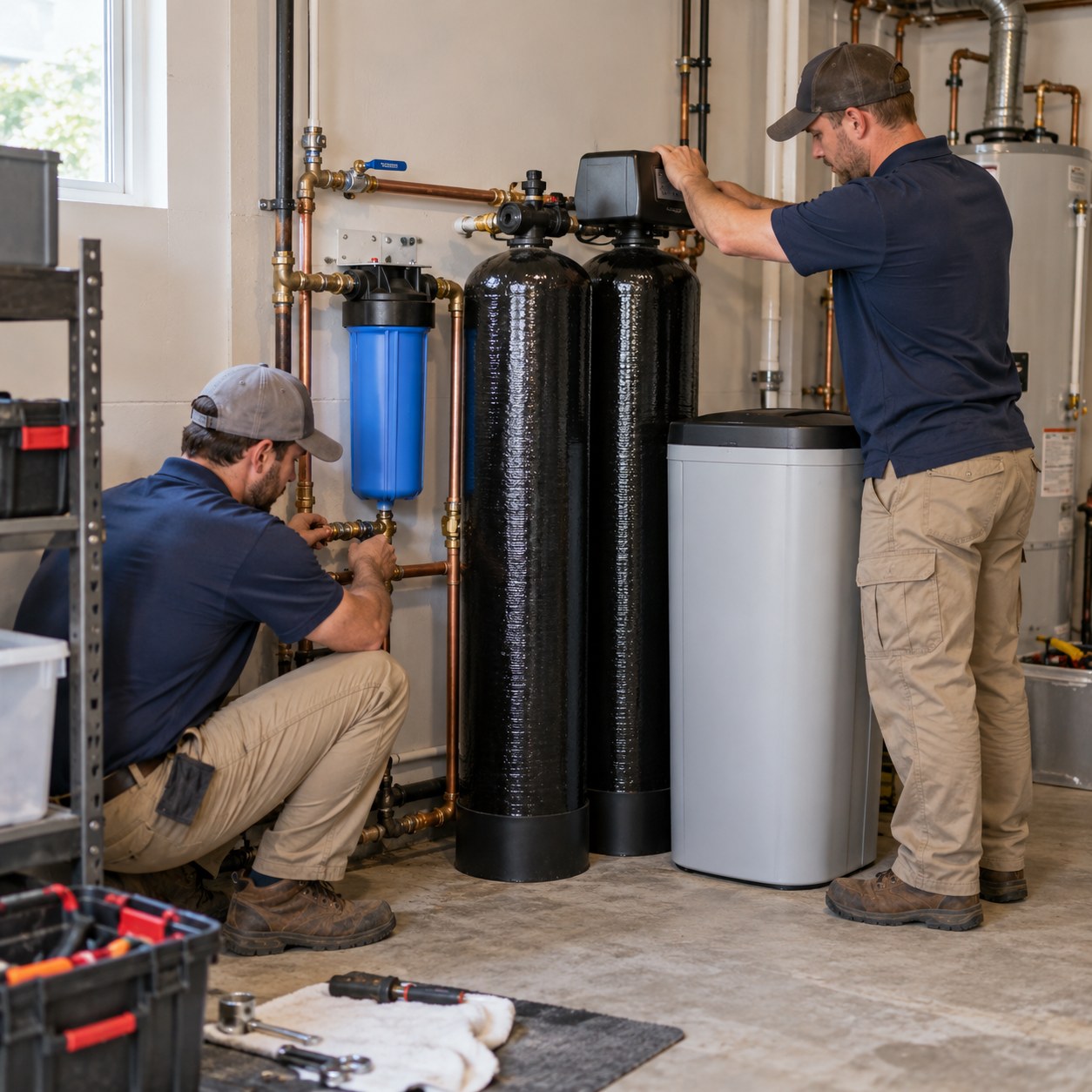 Plumber handling Water Filter Installation components in a Twentynine Palms - CA utility area, Plumber adjusting Water Filter Installation connections beside a Palm Springs - CA kitchen water line