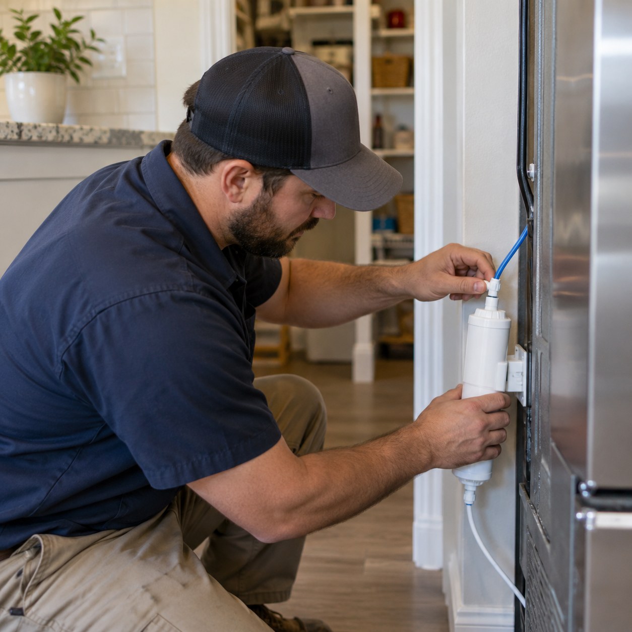 Plumber performing Water Filter Installation in Joshua Tree - CA under a residential kitchen sink