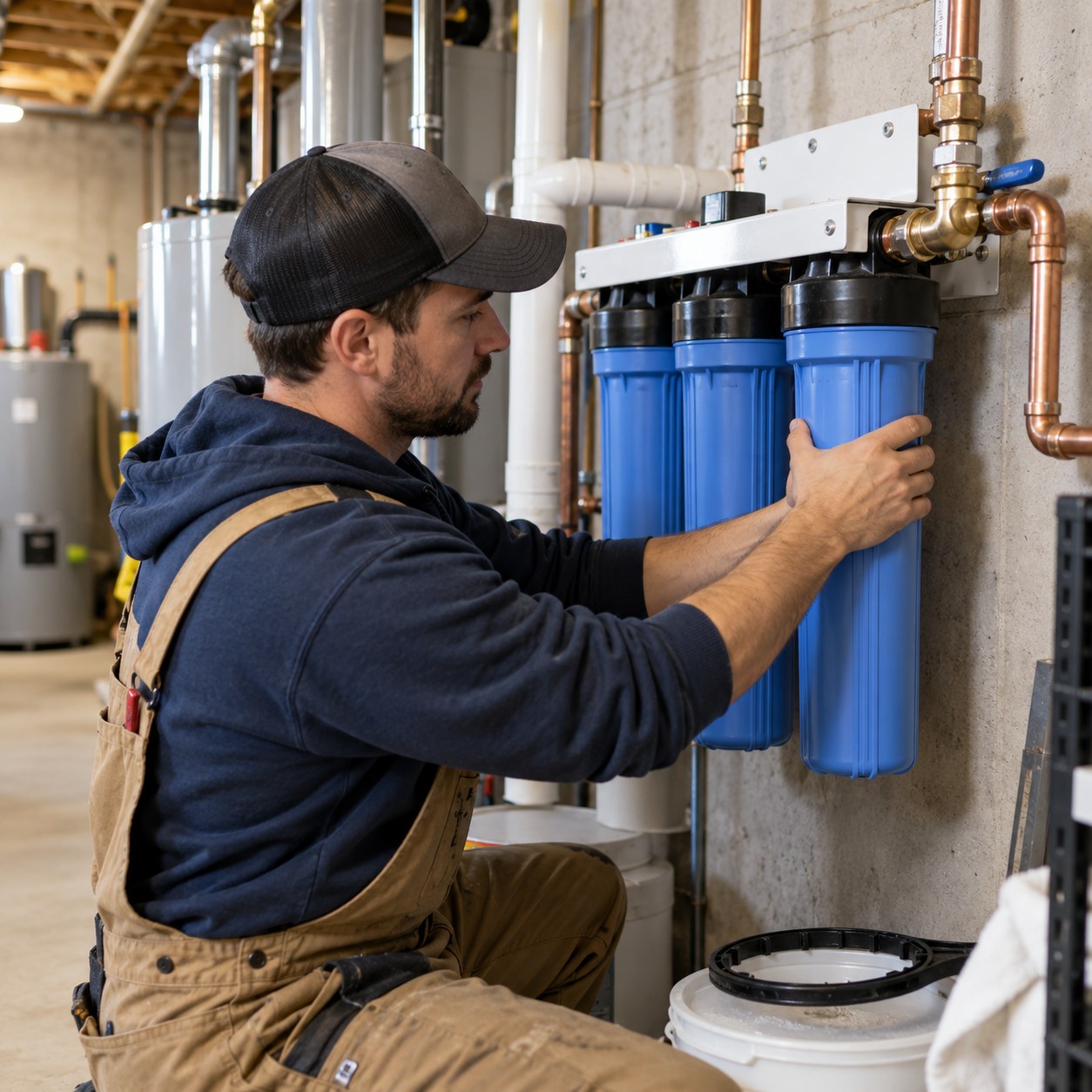 Technician adjusting Water Filter Installation equipment inside a Joshua Tree - CA home's utility area