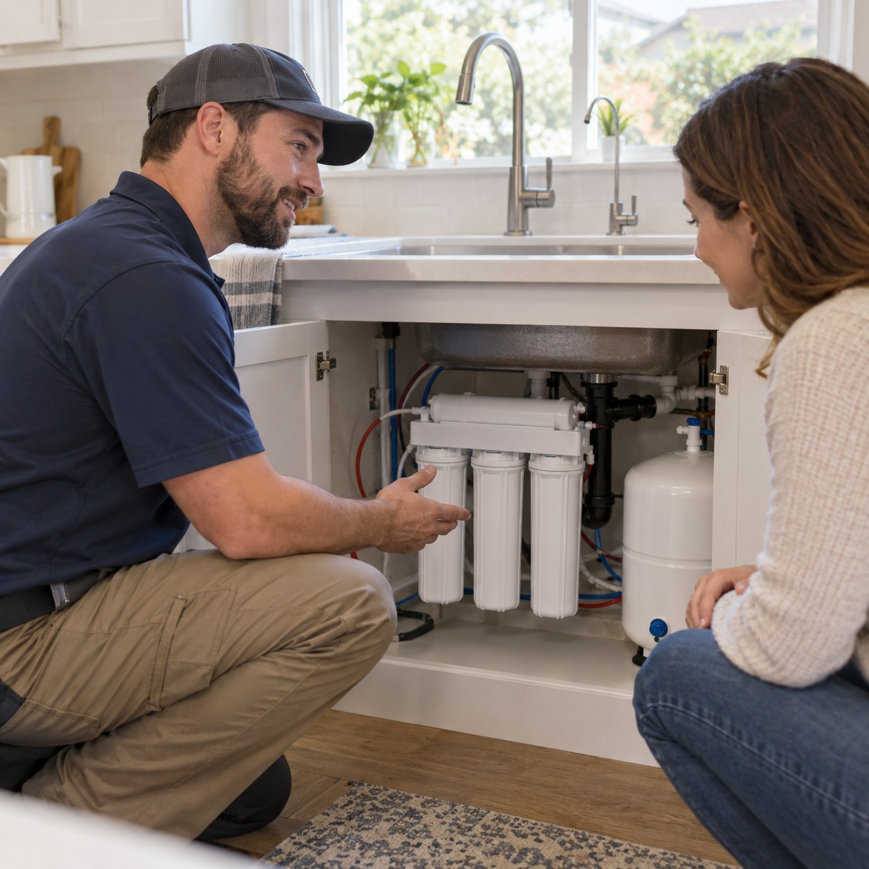 Technician completing Water Filter Installation in Morongo Basin - CA beneath a kitchen sink cabinet