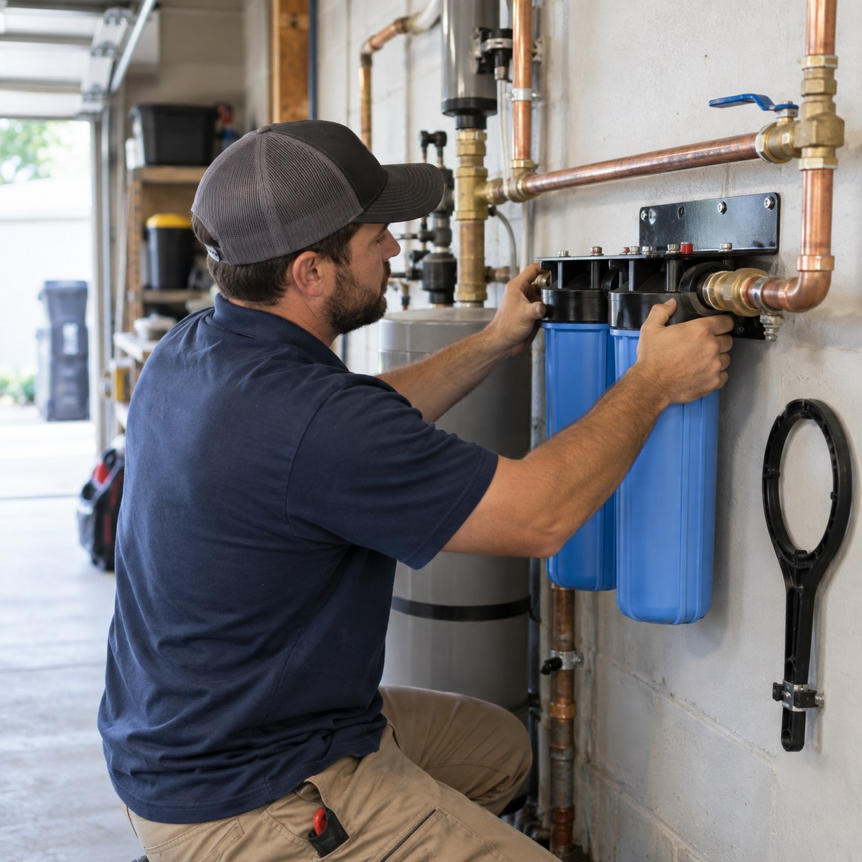 Plumber servicing Water Filter Installation equipment inside a Morongo Basin - CA home's utility room