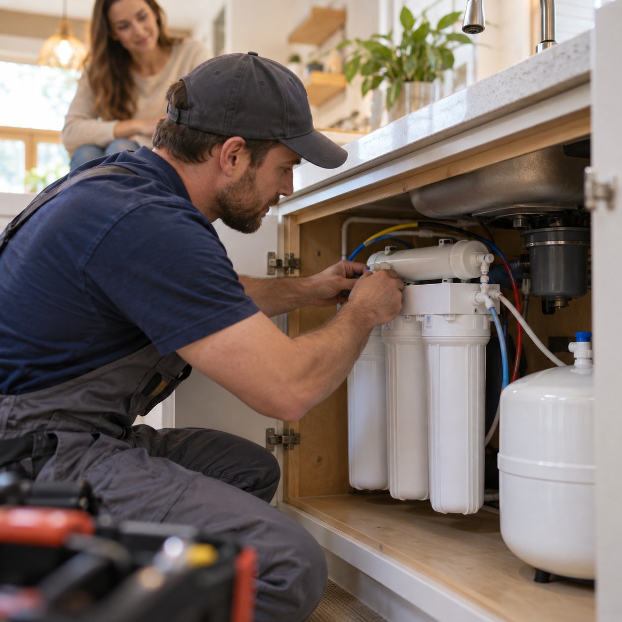 Technician performing Water Filter Installation in Landers - CA under a farmhouse kitchen sink