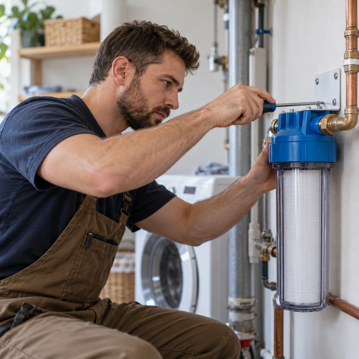 Plumber adjusting Water Filter Installation components beside a pressure tank in Landers - CA